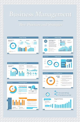 A detailed and visually engaging monograph on business management, featuring key concepts such as strategic planning, leadership, organizational behavior, financial management, and marketing strategies