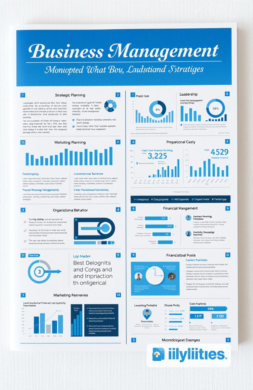 A detailed and visually engaging monograph on business management, featuring key concepts such as strategic planning, leadership, organizational behavior, financial management, and marketing strategies