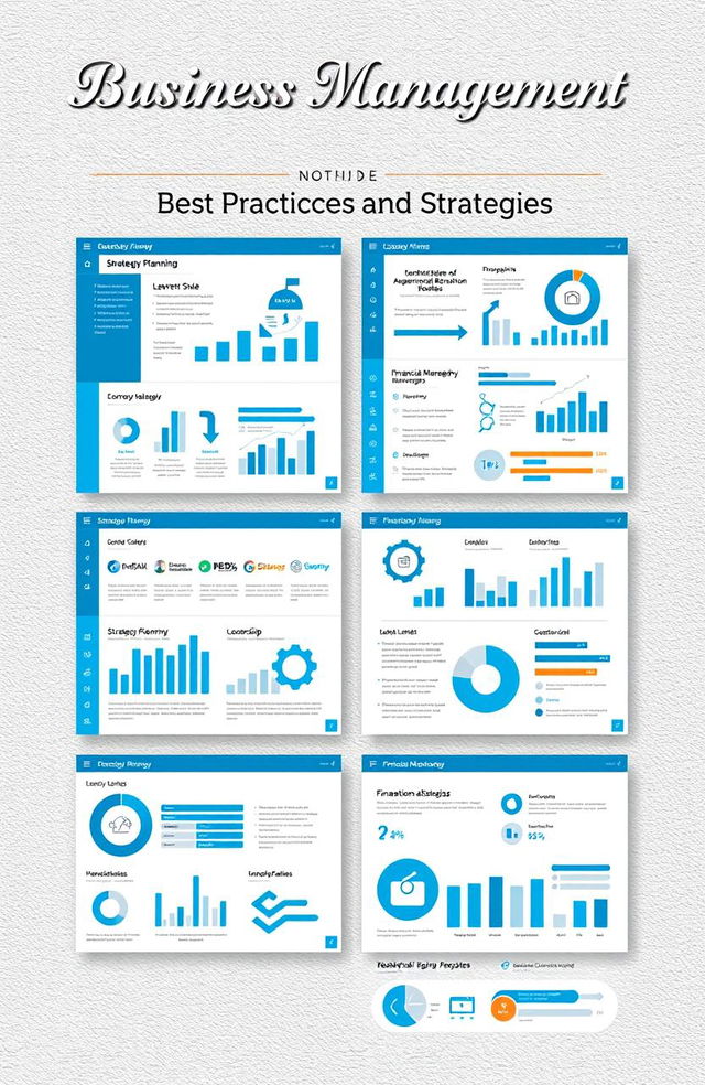 A detailed and visually engaging monograph on business management, featuring key concepts such as strategic planning, leadership, organizational behavior, financial management, and marketing strategies