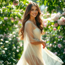 A beautiful woman wearing a transparent dress that flows gracefully around her
