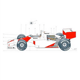 Detailed technical drawings of the McLaren MP4/4 Formula 1 car from 1988, showcasing its aerodynamic design, chassis structure, suspension system, and engine layout