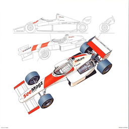 Detailed technical drawings of the McLaren MP4/4 Formula 1 car from 1988, showcasing its aerodynamic design, chassis structure, suspension system, and engine layout