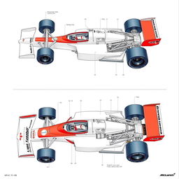 Detailed technical drawings of the McLaren MP4/4 Formula 1 car from 1988, showcasing its aerodynamic design, chassis structure, suspension system, and engine layout
