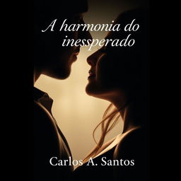 A romantic book cover for the novel titled 'A Harmonia do Inesperado', featuring a man and a woman almost kissing, their faces expressed in a tender moment of closeness