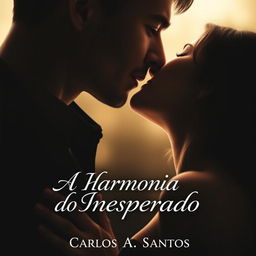 A romantic book cover for the novel titled 'A Harmonia do Inesperado', featuring a man and a woman almost kissing, their faces expressed in a tender moment of closeness