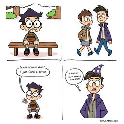 A comic strip composed of four panels, each containing a character engaged in a humorous conversation