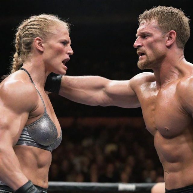 An intense, evenly-matched wrestling match between a muscular man and an equally strong woman, both showcasing their strength and determination.