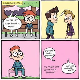 A comic strip composed of four panels, each containing a character engaged in a humorous conversation