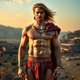 A creative and historical representation of Alexandros the Great (Alexander the Great) wearing an elegant and decorative pair of ancient Greek-inspired underwear