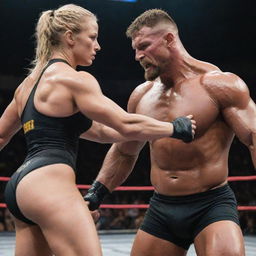 An intense, evenly-matched wrestling match between a muscular man and an equally strong woman, both showcasing their strength and determination.