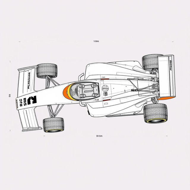 Detailed technical drawings from a top view perspective of the McLaren MP4/4 Formula 1 car from 1988