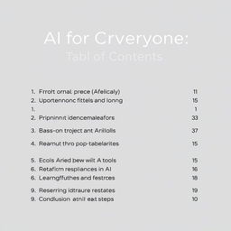 An elegant and professional table of contents design for the book titled 'AI for Everyone: Exploring Tools, Ethics, and Future Trends'