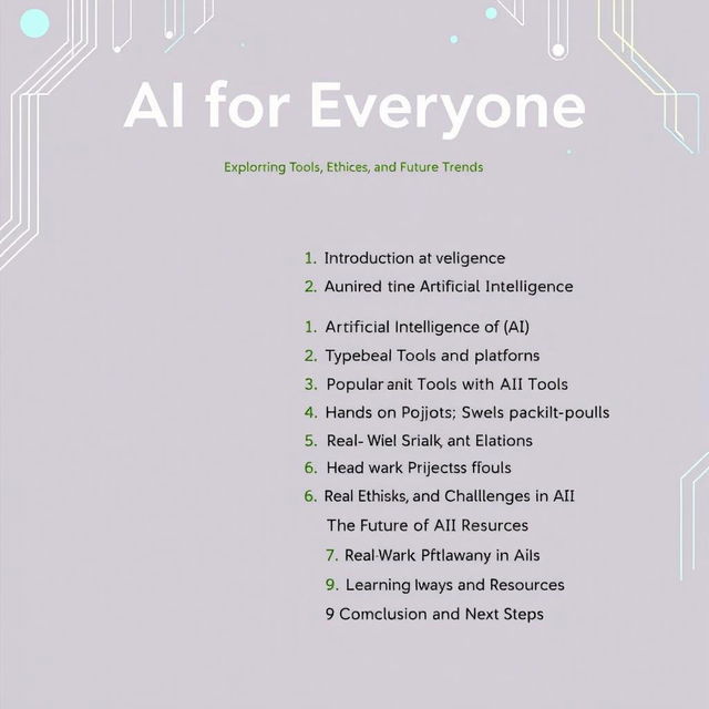 An elegant and professional table of contents design for the book titled 'AI for Everyone: Exploring Tools, Ethics, and Future Trends'