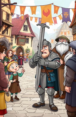 A humorous fantasy scene depicting a bumbling warrior clad in mismatched armor, holding a sword upside down while looking confused in a medieval town square