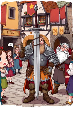 A humorous fantasy scene depicting a bumbling warrior clad in mismatched armor, holding a sword upside down while looking confused in a medieval town square