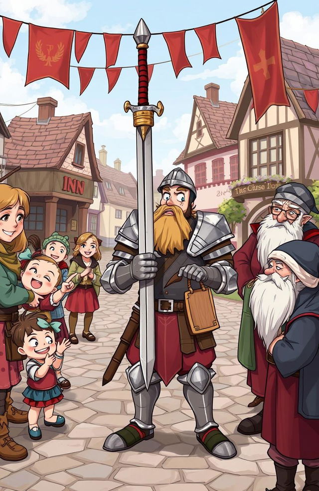 A humorous fantasy scene depicting a bumbling warrior clad in mismatched armor, holding a sword upside down while looking confused in a medieval town square