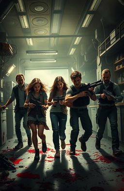 A thrilling scene inside a dimly lit science facility in chaos, where a mother is desperately trying to find her way while everything around her descends into madness