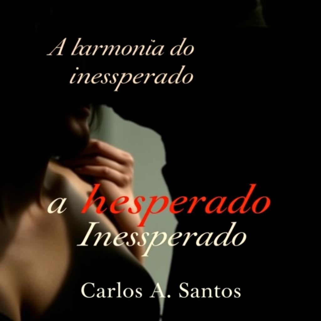 A romantic book cover for the novel titled 'A Harmonia do Inesperado', featuring a man and a woman almost kissing, their faces captured in an intimate moment