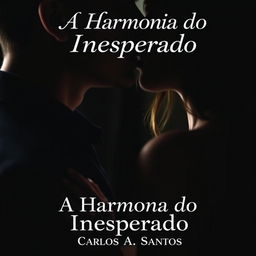 A romantic book cover for the novel titled 'A Harmonia do Inesperado', featuring a man and a woman almost kissing, their faces captured in an intimate moment
