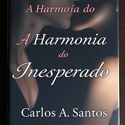 A romantic book cover for the novel titled 'A Harmonia do Inesperado', featuring a man and a woman almost kissing, their faces captured in an intimate moment