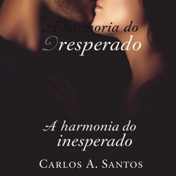 A romantic book cover for the novel titled 'A Harmonia do Inesperado', featuring a man and a woman almost kissing, their faces captured in an intimate moment