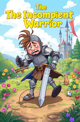 A whimsical fantasy scene titled "The Incompetent Warrior" featuring a clumsy knight in a mismatched suit of armor, tripping over his own sword
