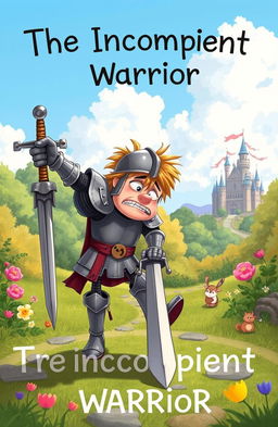 A whimsical fantasy scene titled "The Incompetent Warrior" featuring a clumsy knight in a mismatched suit of armor, tripping over his own sword