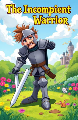 A whimsical fantasy scene titled "The Incompetent Warrior" featuring a clumsy knight in a mismatched suit of armor, tripping over his own sword