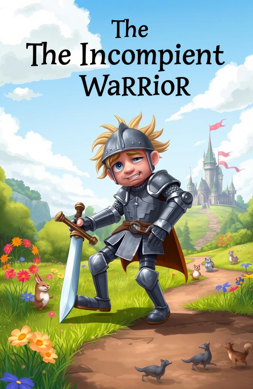 A whimsical fantasy scene titled "The Incompetent Warrior" featuring a clumsy knight in a mismatched suit of armor, tripping over his own sword