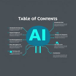A visually engaging and modern infographic representing a Table of Contents for a book or guide on Artificial Intelligence (AI)