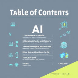 A visually engaging and modern infographic representing a Table of Contents for a book or guide on Artificial Intelligence (AI)