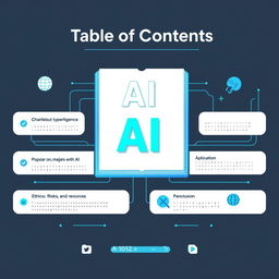 A visually engaging and modern infographic representing a Table of Contents for a book or guide on Artificial Intelligence (AI)