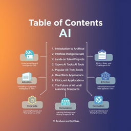 A visually engaging and modern infographic representing a Table of Contents for a book or guide on Artificial Intelligence (AI)