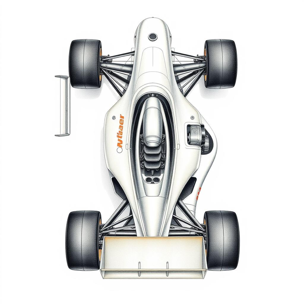 Hyper-realistic technical drawings from a top view perspective of the McLaren MP4/4 Formula 1 car from 1989