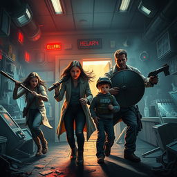 A dramatic scene set in a chaotic science facility, with a mother searching desperately for a way out as alarms blare and lights flicker ominously