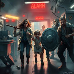 A dramatic scene set in a chaotic science facility, with a mother searching desperately for a way out as alarms blare and lights flicker ominously