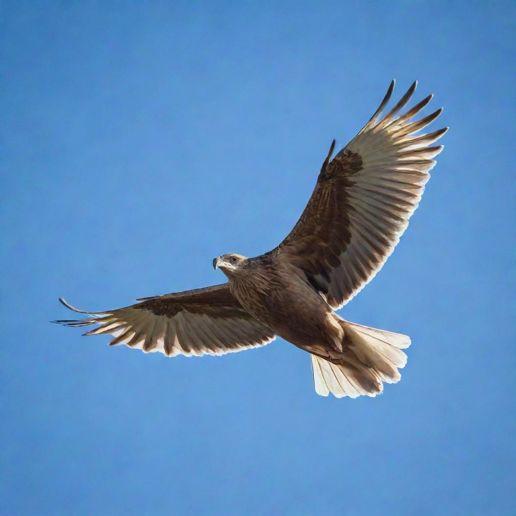 A bird with antlers soaring through a clear blue sky, with each feather intricately detailed and sunlight glinting off the antlers.