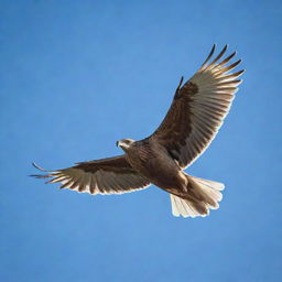 A bird with antlers soaring through a clear blue sky, with each feather intricately detailed and sunlight glinting off the antlers.