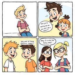A comic strip composed of four panels, featuring two boys and two girls having a lighthearted conversation