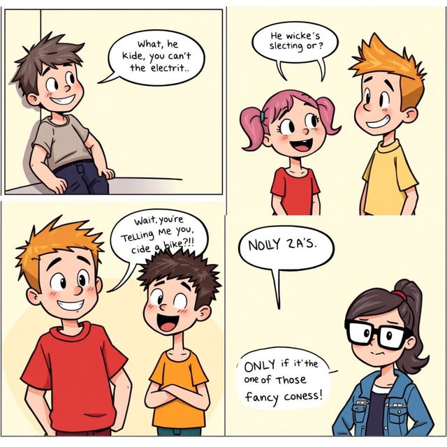 A comic strip composed of four panels, featuring two boys and two girls having a lighthearted conversation