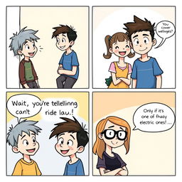A comic strip composed of four panels, featuring two boys and two girls having a lighthearted conversation