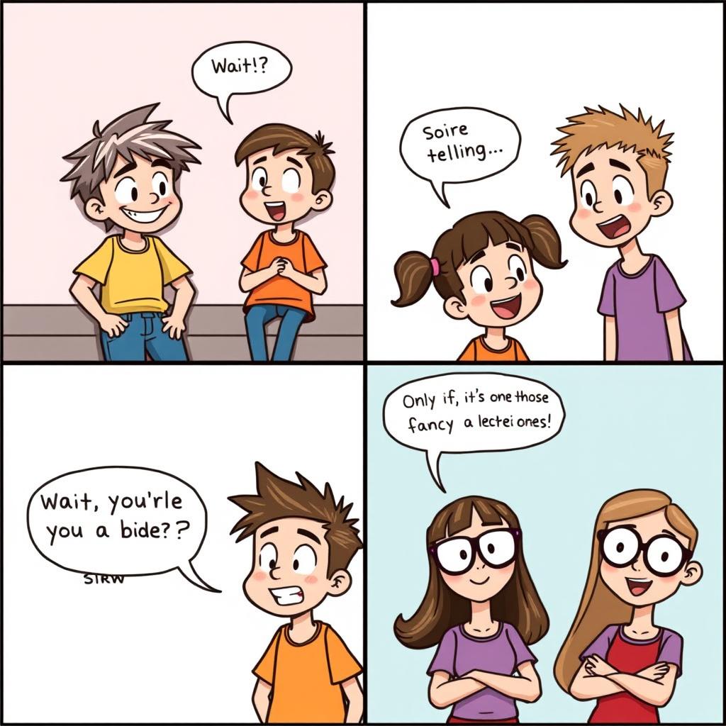 A comic strip composed of four panels, featuring two boys and two girls having a lighthearted conversation