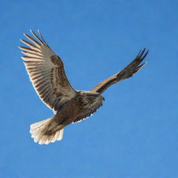 A bird with antlers soaring through a clear blue sky, with each feather intricately detailed and sunlight glinting off the antlers.