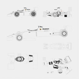A collection of technical drawings showcasing a hyper-realistic McLaren MP4/4 Formula 1 car from 1989
