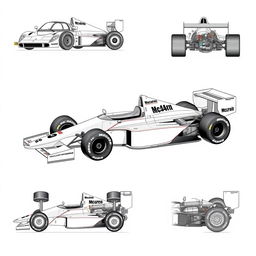 A collection of technical drawings showcasing a hyper-realistic McLaren MP4/4 Formula 1 car from 1989