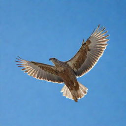 A bird with antlers soaring through a clear blue sky, with each feather intricately detailed and sunlight glinting off the antlers.