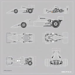 A collection of technical drawings showcasing a hyper-realistic McLaren MP4/4 Formula 1 car from 1989