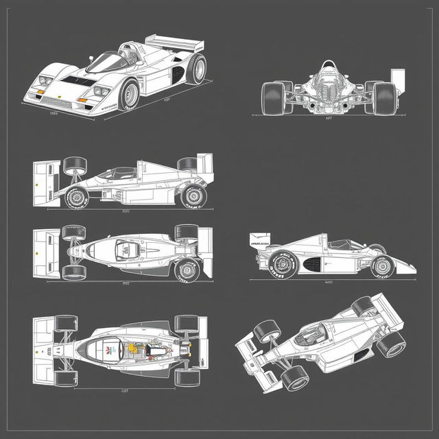 A collection of technical drawings showcasing a hyper-realistic McLaren MP4/4 Formula 1 car from 1989