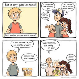A comic strip consisting of four panels, each depicting a conversation between two boys and two girls, creating a fun and lively atmosphere