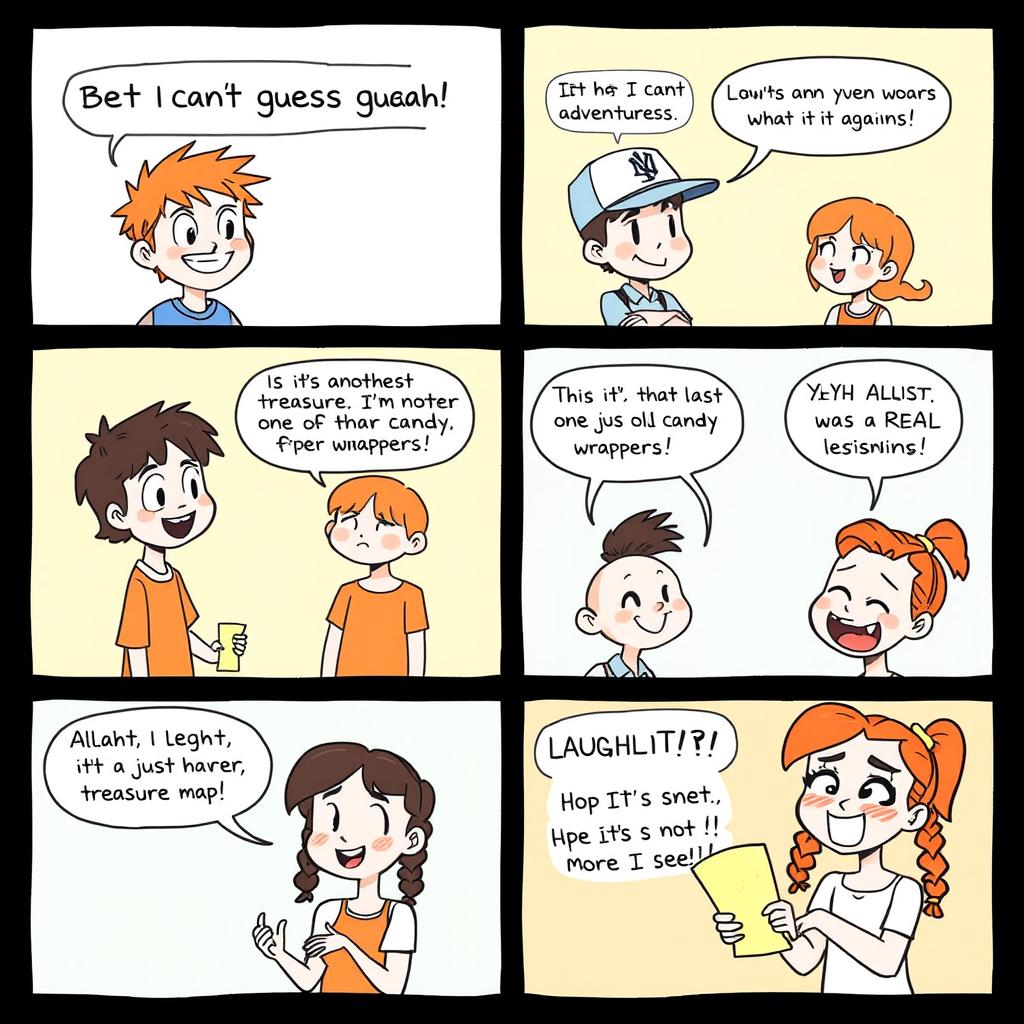 A comic strip consisting of four panels, each depicting a conversation between two boys and two girls, creating a fun and lively atmosphere